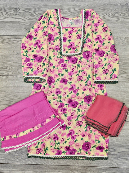 Girl's Hot Pink colour Floral Print Cotton Fabric Sharara Suit, Fashion Casual Long Sleeve for Daily Indoor and Outdoor Wear, Kids Girls Clothing For Spring Fall Winter Summer