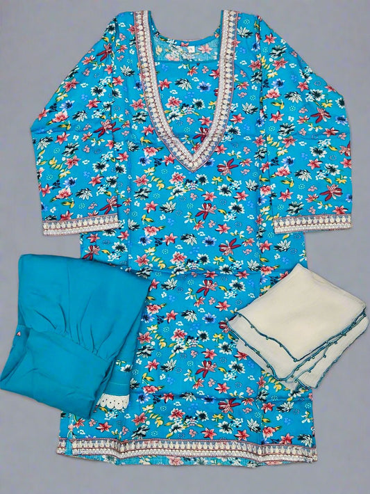 Girl's Dodger Blue colour Floral Print Cotton Fabric Sharara Suit, Fashion Casual Long Sleeve for Daily Indoor and Outdoor Wear, Kids Girls Clothing For Spring Fall Winter Summer