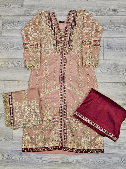 QMR Heer peach colour hand embroidered in pearls and bead work organza fabric front split long kameez sharara - Sizes M to 8XL - Womenswear traditional fancy party wear wedding wear plus size clothing gorgeous comfort fit