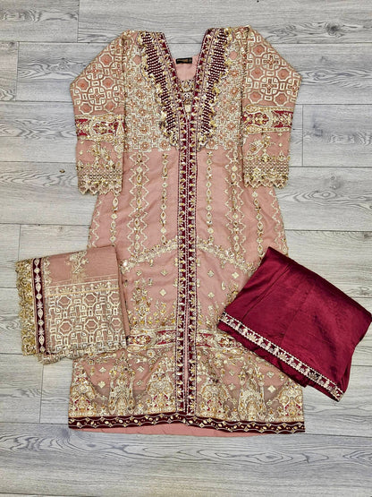 QMR Heer peach colour hand embroidered in pearls and bead work organza fabric front split long kameez sharara - Sizes M to 8XL - Womenswear traditional fancy party wear wedding wear plus size clothing gorgeous comfort fit