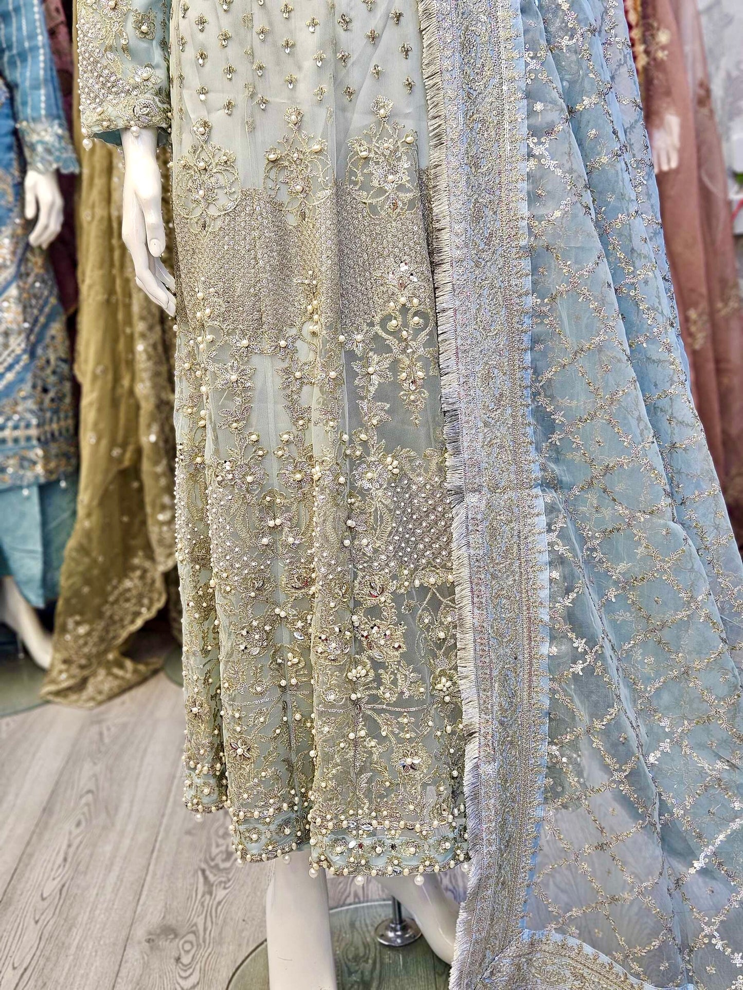 FZS Nira Ice blue colour embroidered front and back in pearls and beads net fabric long dress maxi with zari embroidered dupatta in sizes - M to 8XL - Womenswear traditional fancy party wear plus size clothing, gorgeous fit