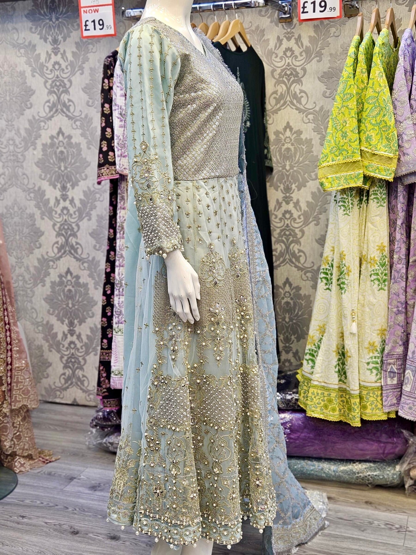 FZS Nira Ice blue colour embroidered front and back in pearls and beads net fabric long dress maxi with zari embroidered dupatta in sizes - M to 8XL - Womenswear traditional fancy party wear plus size clothing, gorgeous fit