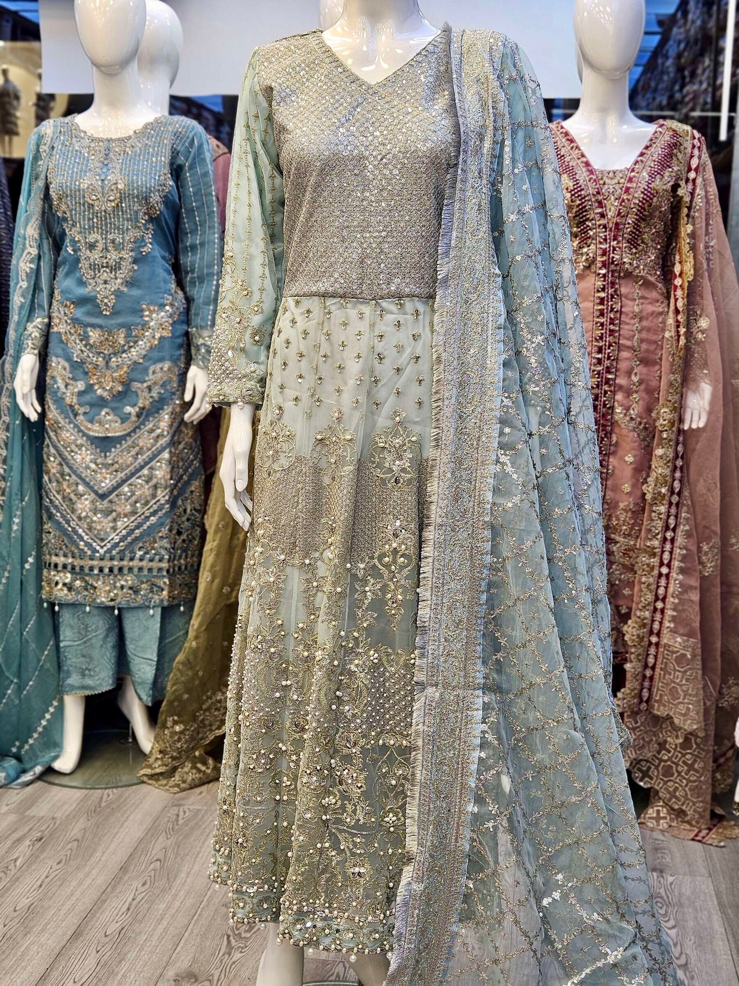 FZS Nira Ice blue colour embroidered front and back in pearls and beads net fabric long dress maxi with zari embroidered dupatta in sizes - M to 8XL - Womenswear traditional fancy party wear plus size clothing, gorgeous fit