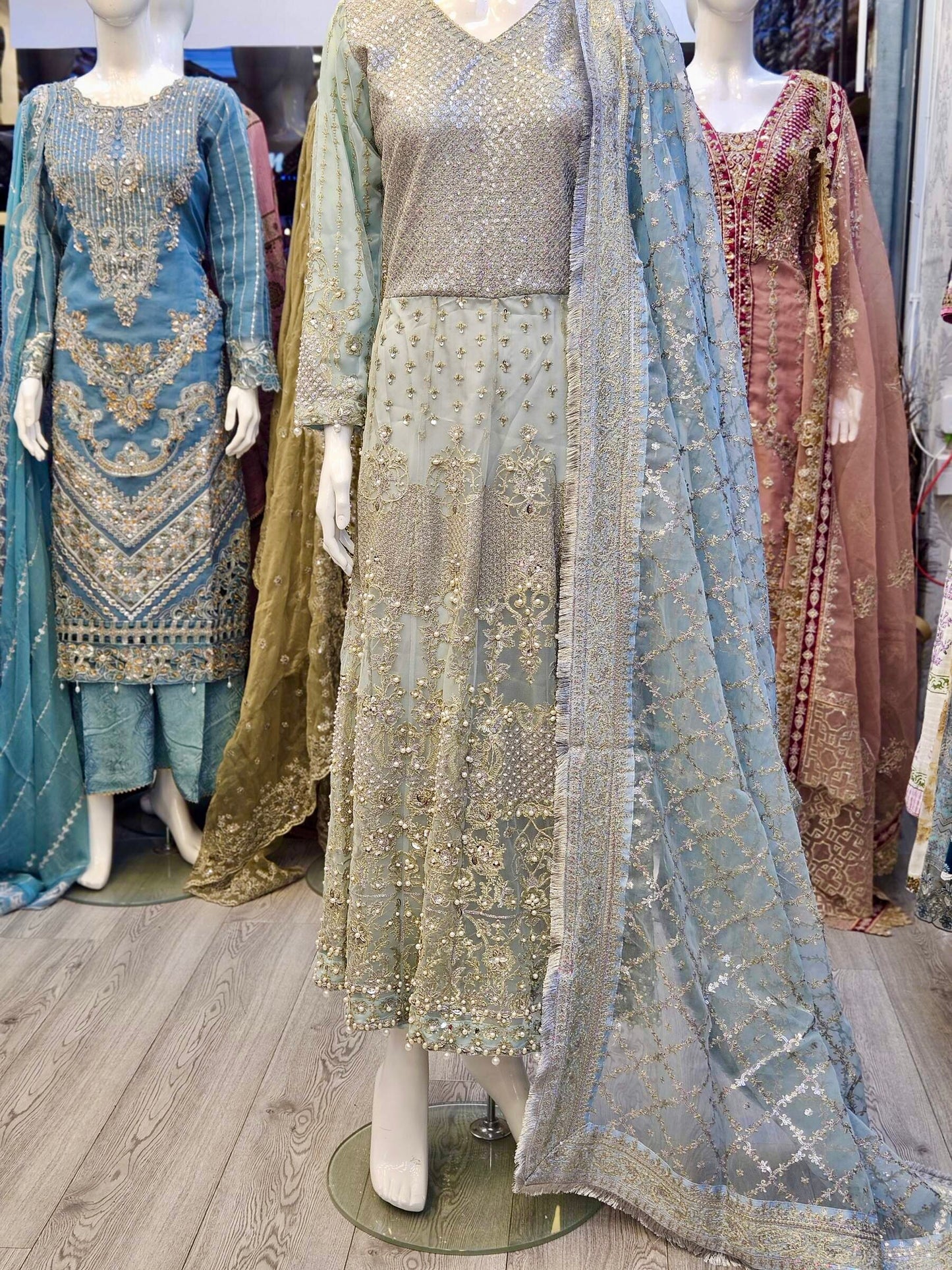 FZS Nira Ice blue colour embroidered front and back in pearls and beads net fabric long dress maxi with zari embroidered dupatta in sizes - M to 8XL - Womenswear traditional fancy party wear plus size clothing, gorgeous fit