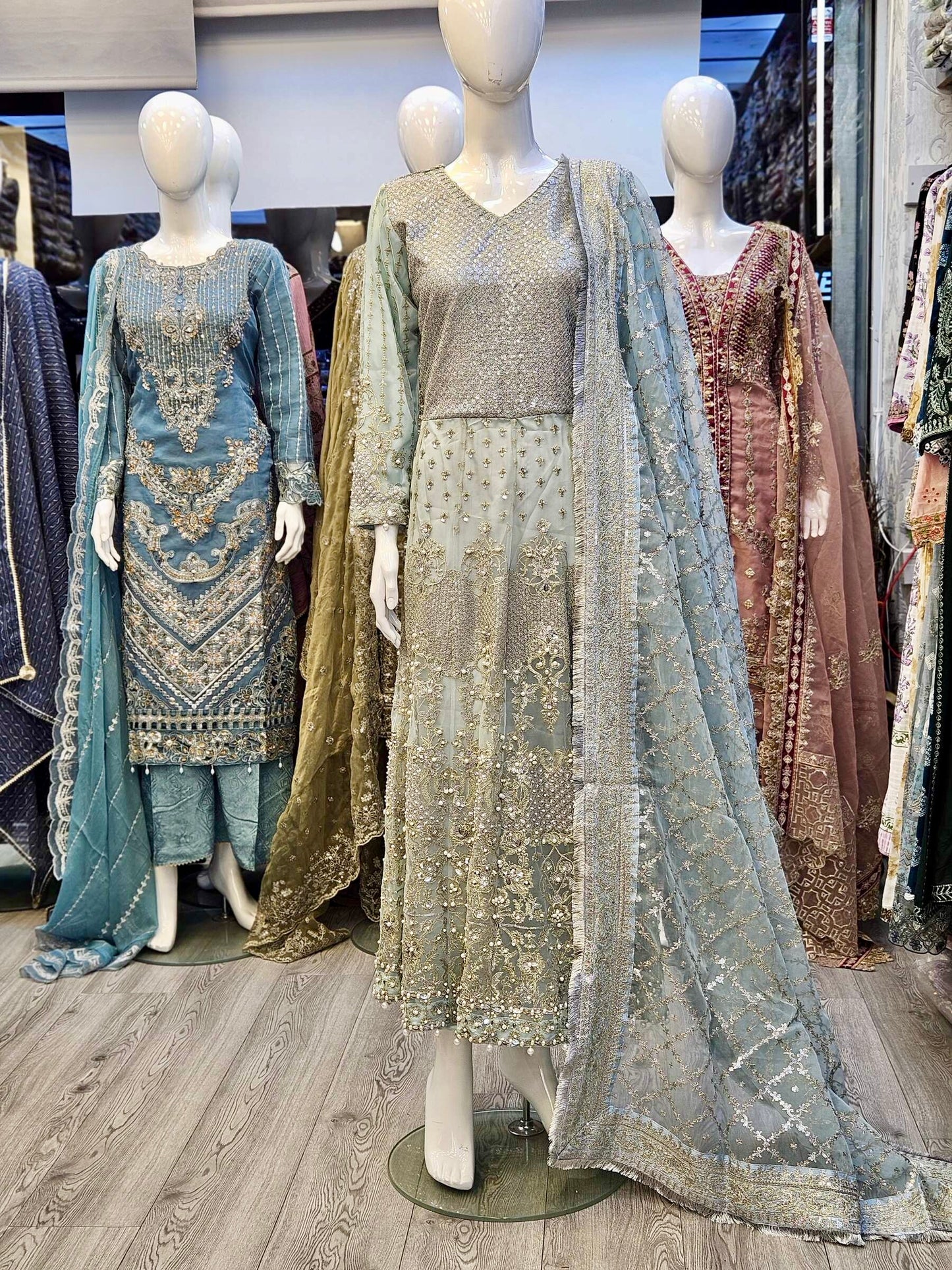 FZS Nira Ice blue colour embroidered front and back in pearls and beads net fabric long dress maxi with zari embroidered dupatta in sizes - M to 8XL - Womenswear traditional fancy party wear plus size clothing, gorgeous fit