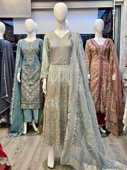 FZS Nira Ice blue colour embroidered front and back in pearls and beads net fabric long dress maxi with zari embroidered dupatta in sizes - M to 8XL - Womenswear traditional fancy party wear plus size clothing, gorgeous fit