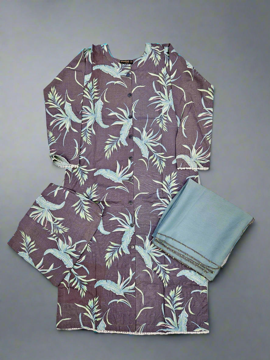 Ash grey and teal blue colour floral print linen fabric