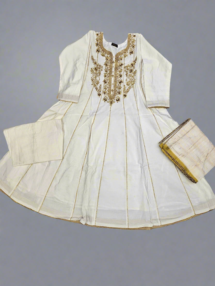 White and gold colour hand embroidered dress