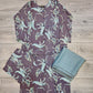 Ash grey and teal blue colour floral print linen fabric