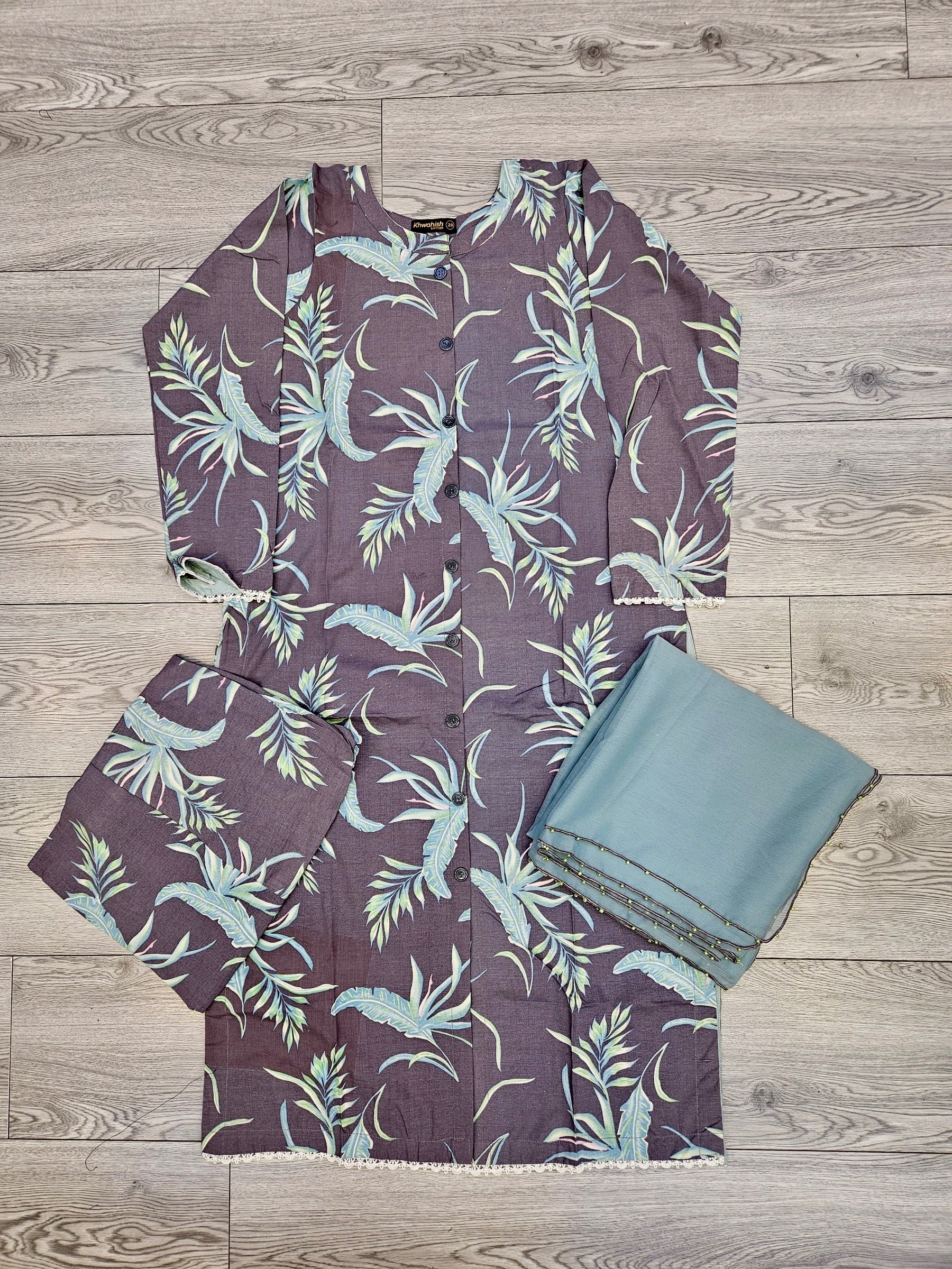 Ash grey and teal blue colour floral print linen fabric