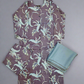 Ash grey and teal blue colour floral print linen fabric