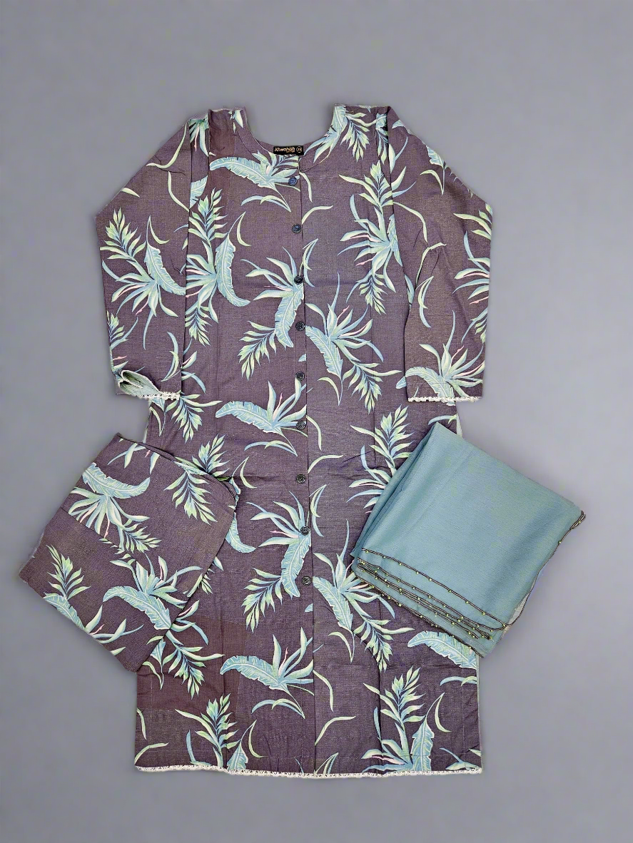 Ash grey and teal blue colour floral print linen fabric