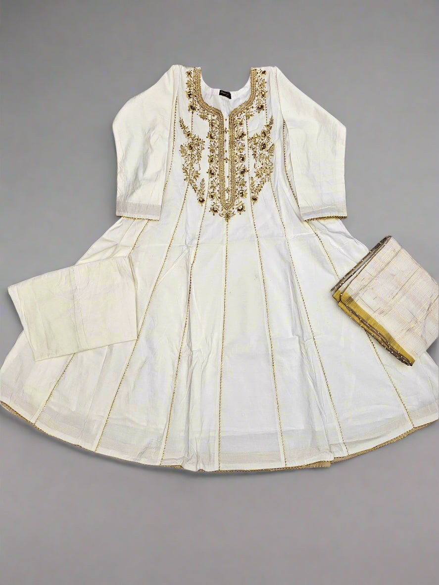 White and gold colour hand embroidered dress
