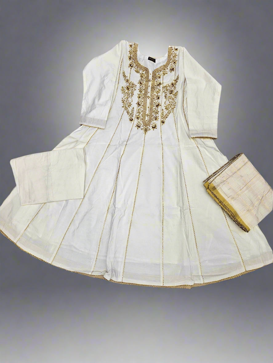 White and gold colour hand embroidered dress in raw silk fabric in sizes - [M to 8XL] - Womenswear traditional fancy wedding party dress plus size clothes gorgeous comfort fit