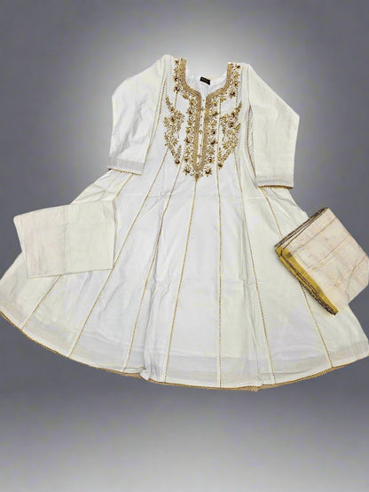 White and gold colour hand embroidered dress in raw silk fabric in sizes - [M to 8XL] - Womenswear traditional fancy wedding party dress plus size clothes gorgeous comfort fit