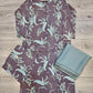 Ash grey and teal blue colour floral print linen fabric