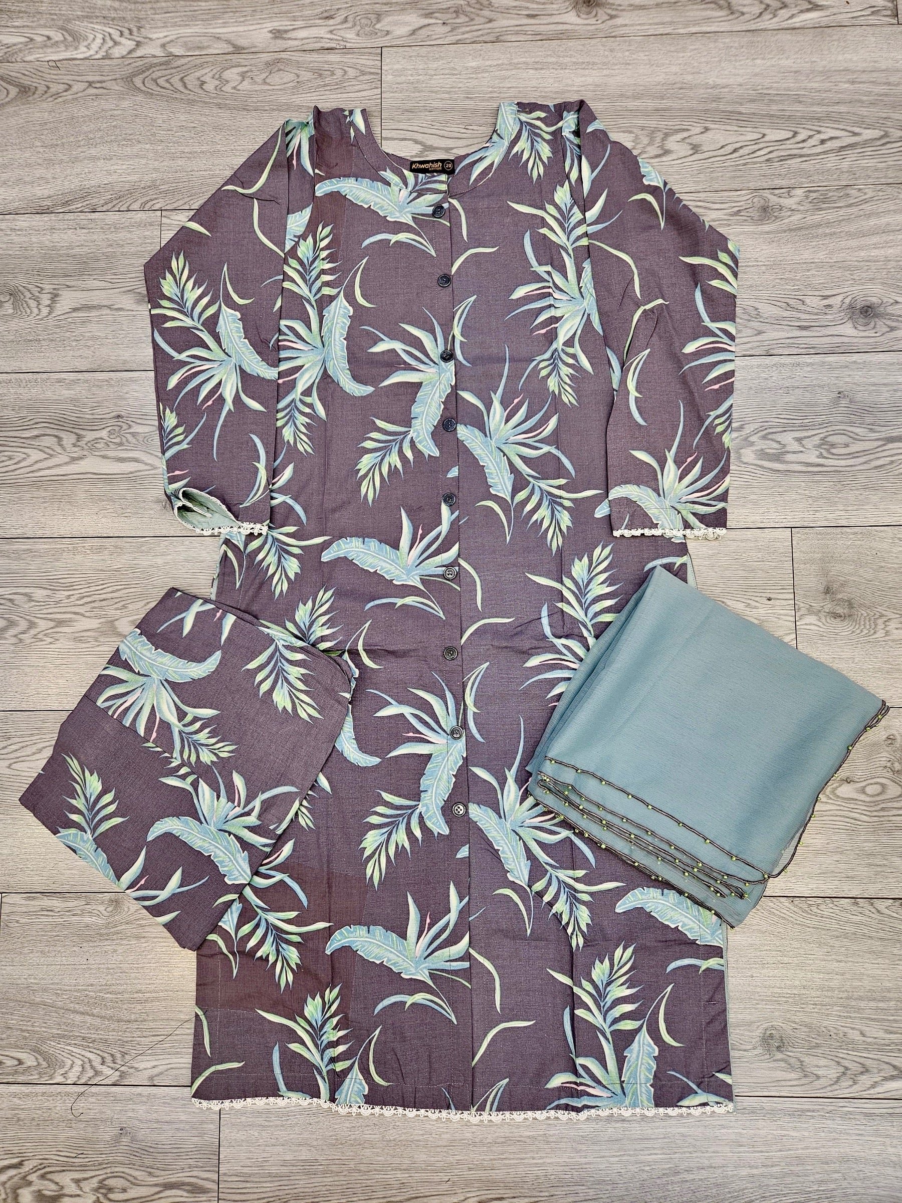 Ash grey and teal blue colour floral print linen fabric