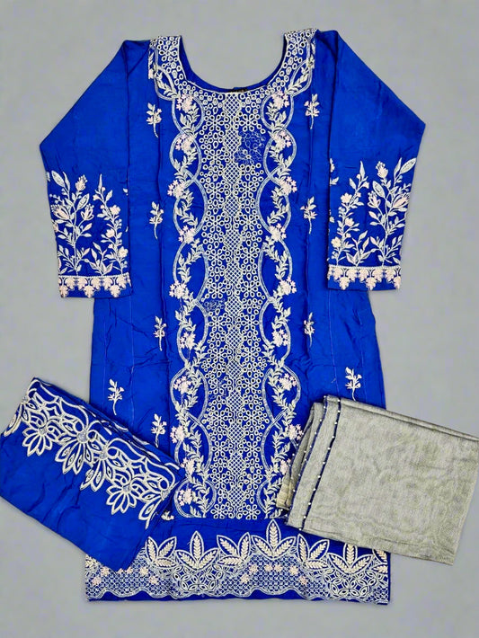 CRM egyptian blue colour thread and zari embroidered linen fabric shalwar kameez - Sizes M to 8XL - Womenswear traditional casual indoor outdoor clothing plus size comfort for fall winter spring