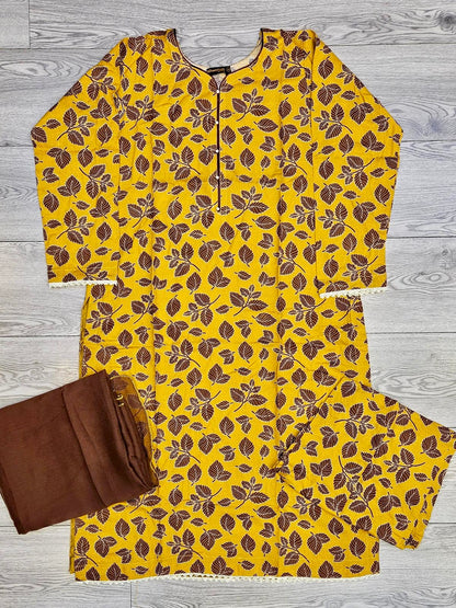 Yellow and brown colour floral print linen fabric shalwar kameez matching print trousers or shalwar - Sizes M to 8XL - Womenswear traditional casual indoor outdoor clothing plus size comfort for fall winter spring