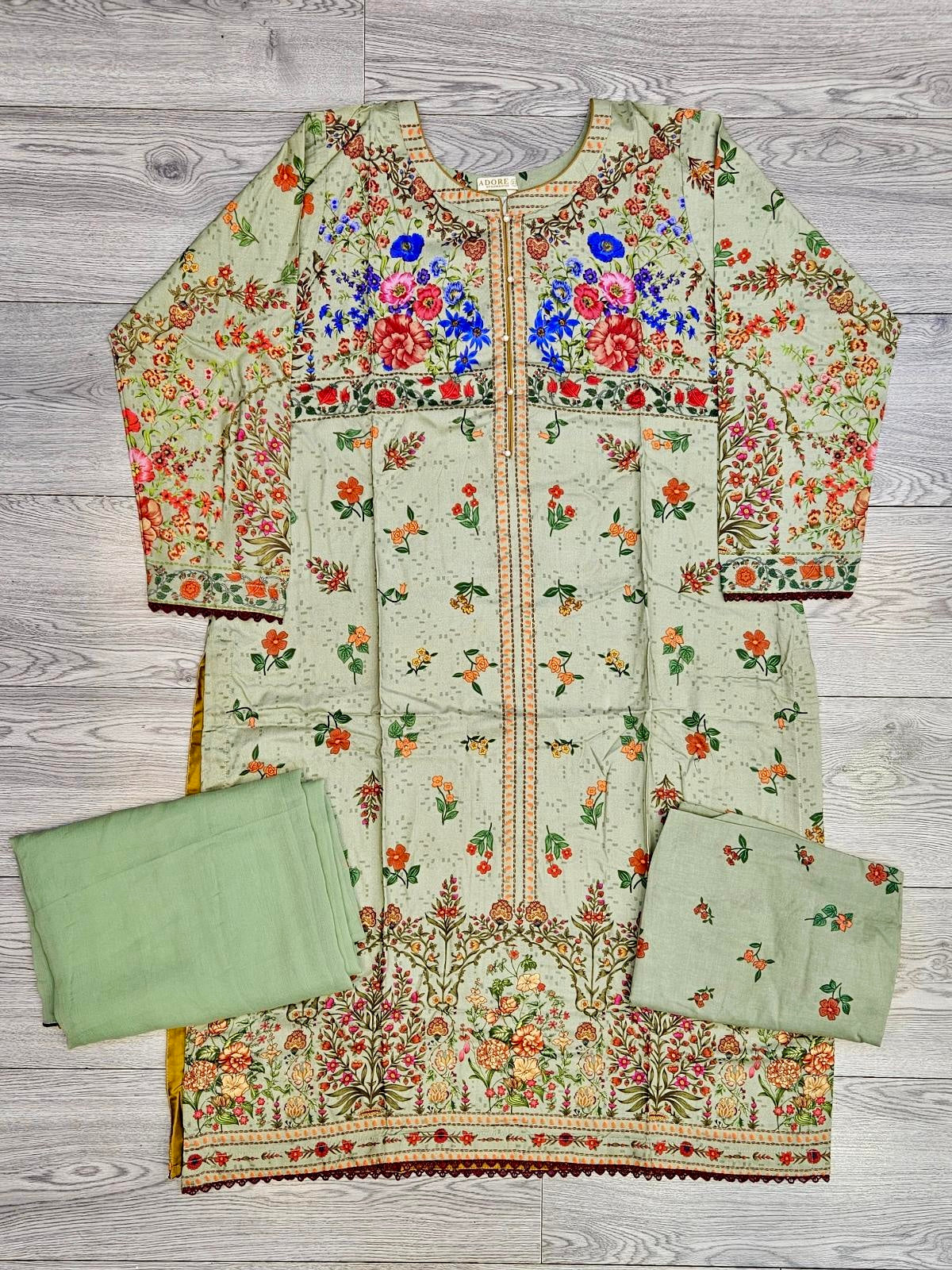 Sana Safinaz H243-11B olive green colour digital floral printed linen fabric shalwar kameez matching print trousers or shalwar - Sizes M to 8XL - Womenswear traditional casual indoor outdoor clothing plus size comfort for fall winter spring