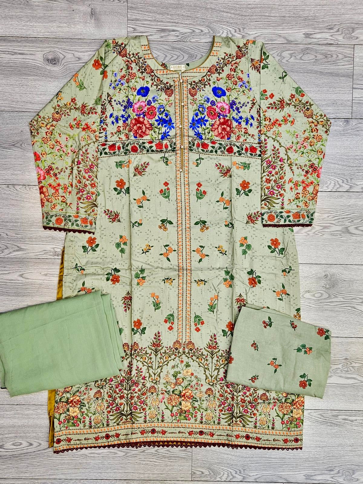 Sana Safinaz H243-11B olive green colour digital floral printed linen fabric shalwar kameez matching print trousers or shalwar - Sizes M to 8XL - Womenswear traditional casual indoor outdoor clothing plus size comfort for fall winter spring