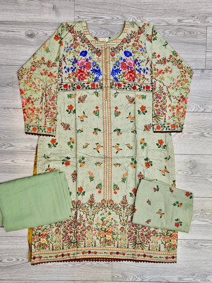 Sana Safinaz H243-11B olive green colour digital floral printed linen fabric shalwar kameez matching print trousers or shalwar - Sizes M to 8XL - Womenswear traditional casual indoor outdoor clothing plus size comfort for fall winter spring