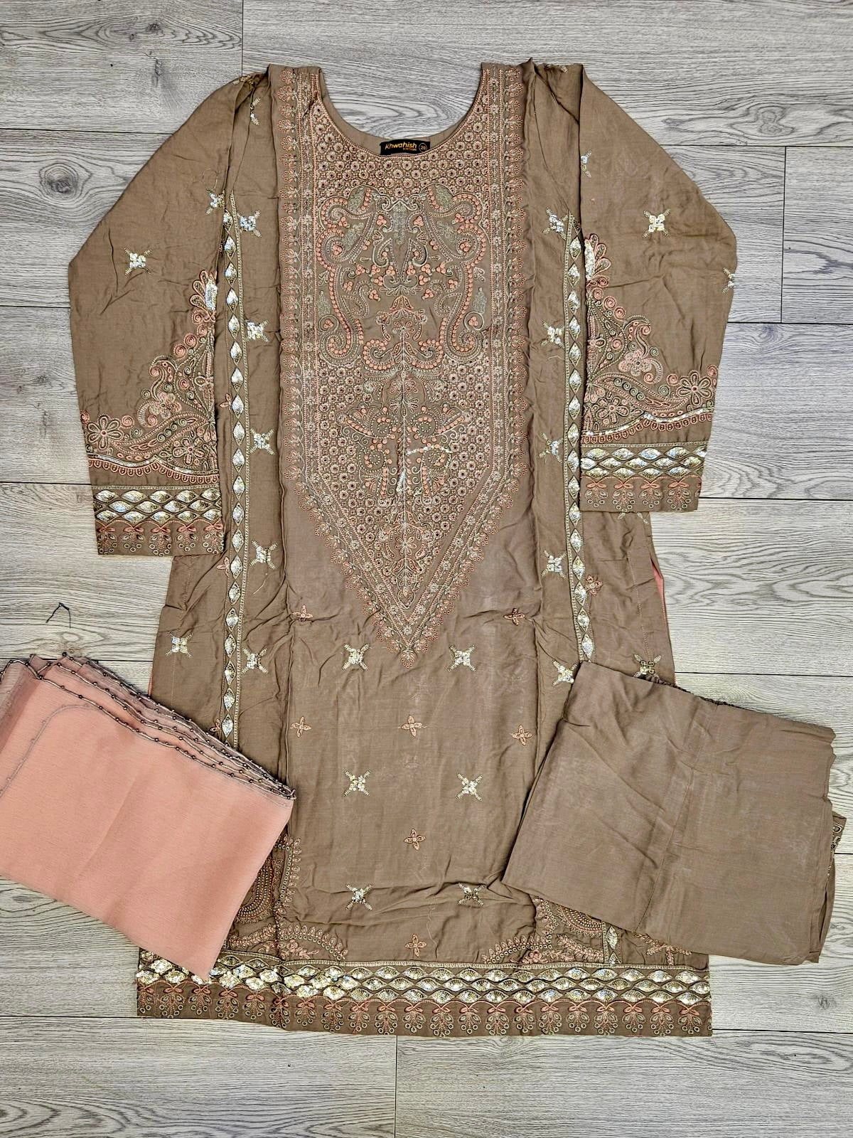 CRM dull brown colour thread and zari embroidered linen fabric shalwar kameez - Sizes M to 8XL - Womenswear traditional casual indoor outdoor clothing plus size comfort for fall winter spring