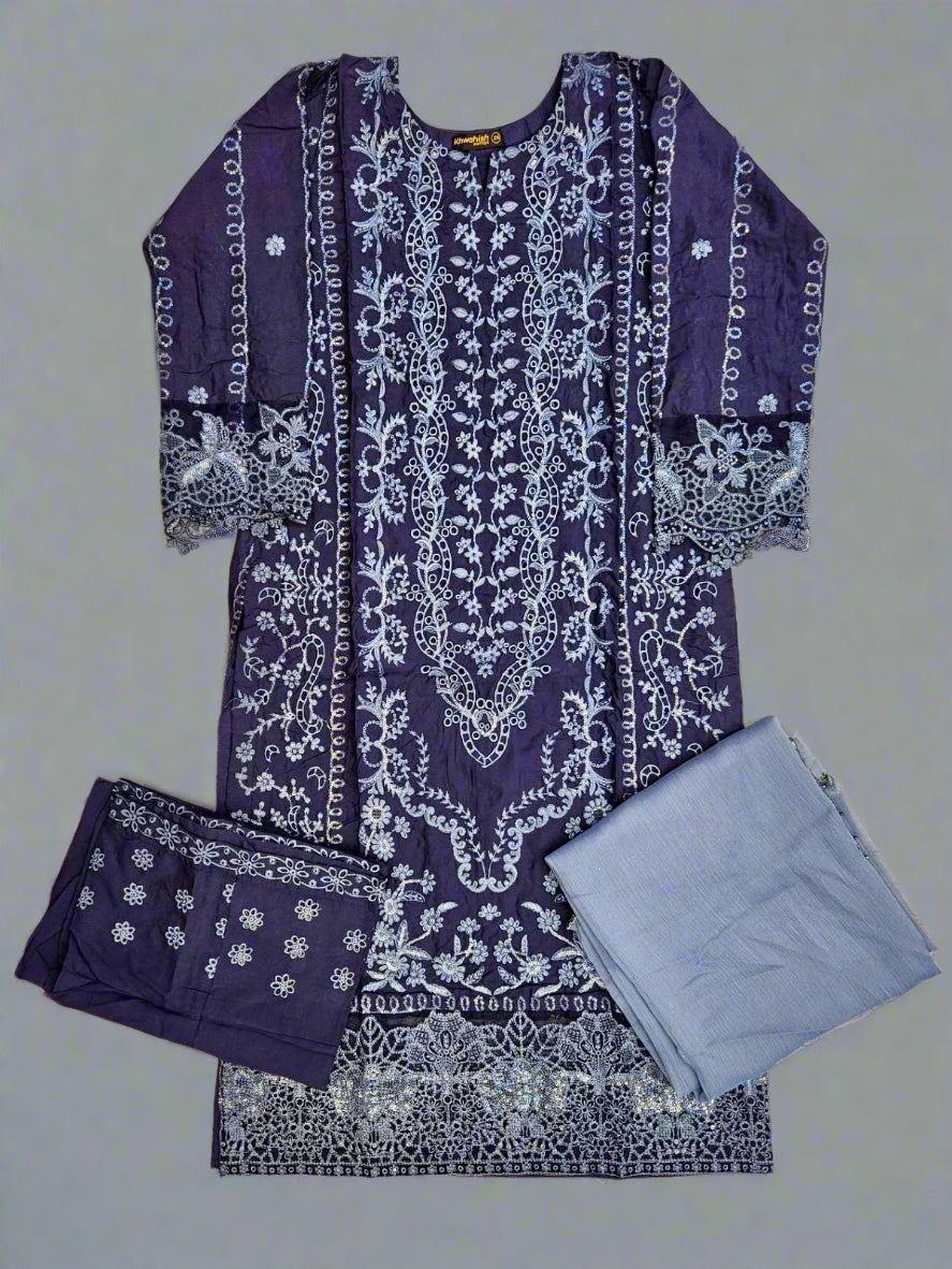 CRM charcoal grey colour thread and zari embroidered