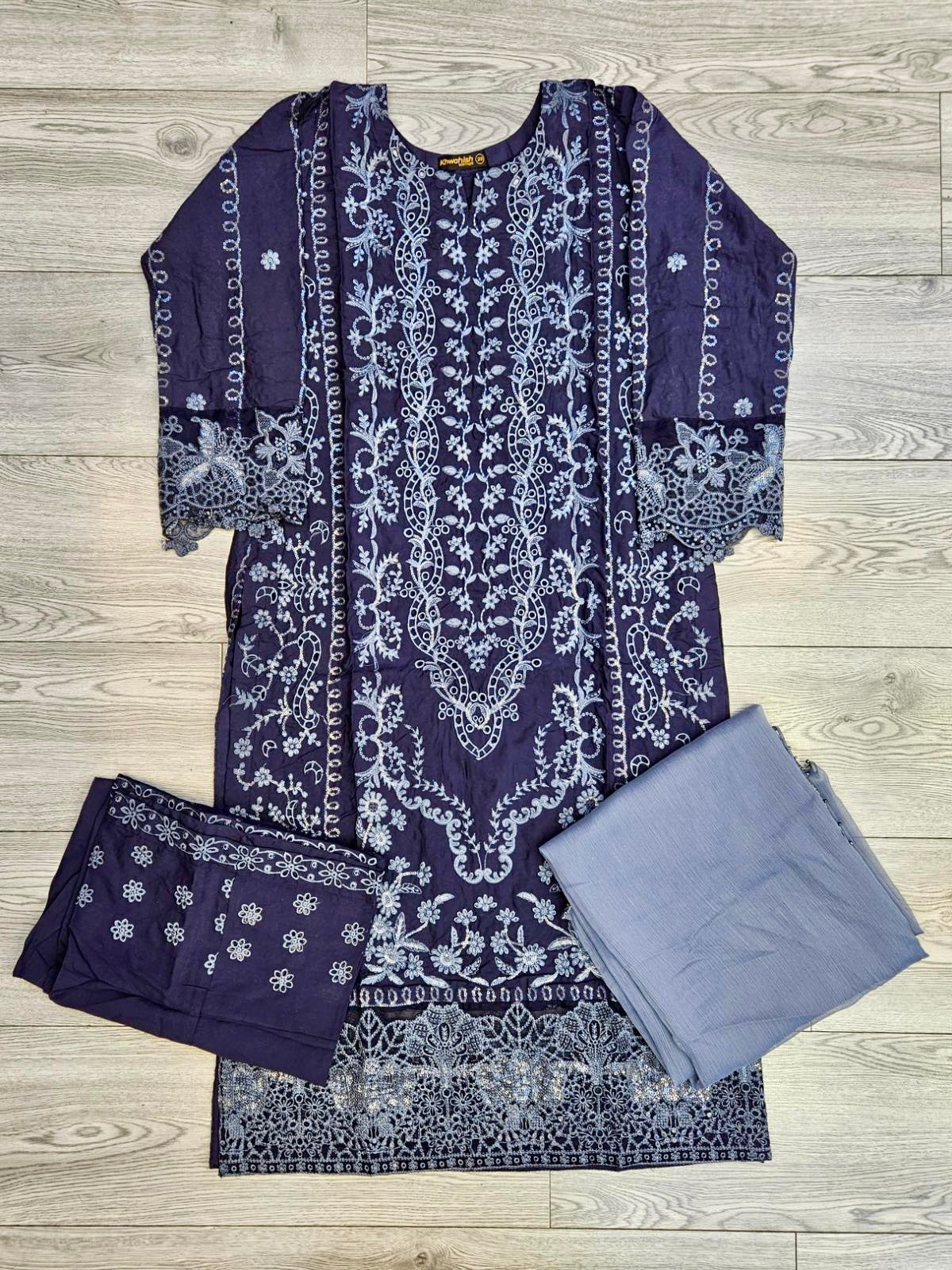 CRM charcoal grey colour thread and zari embroidered