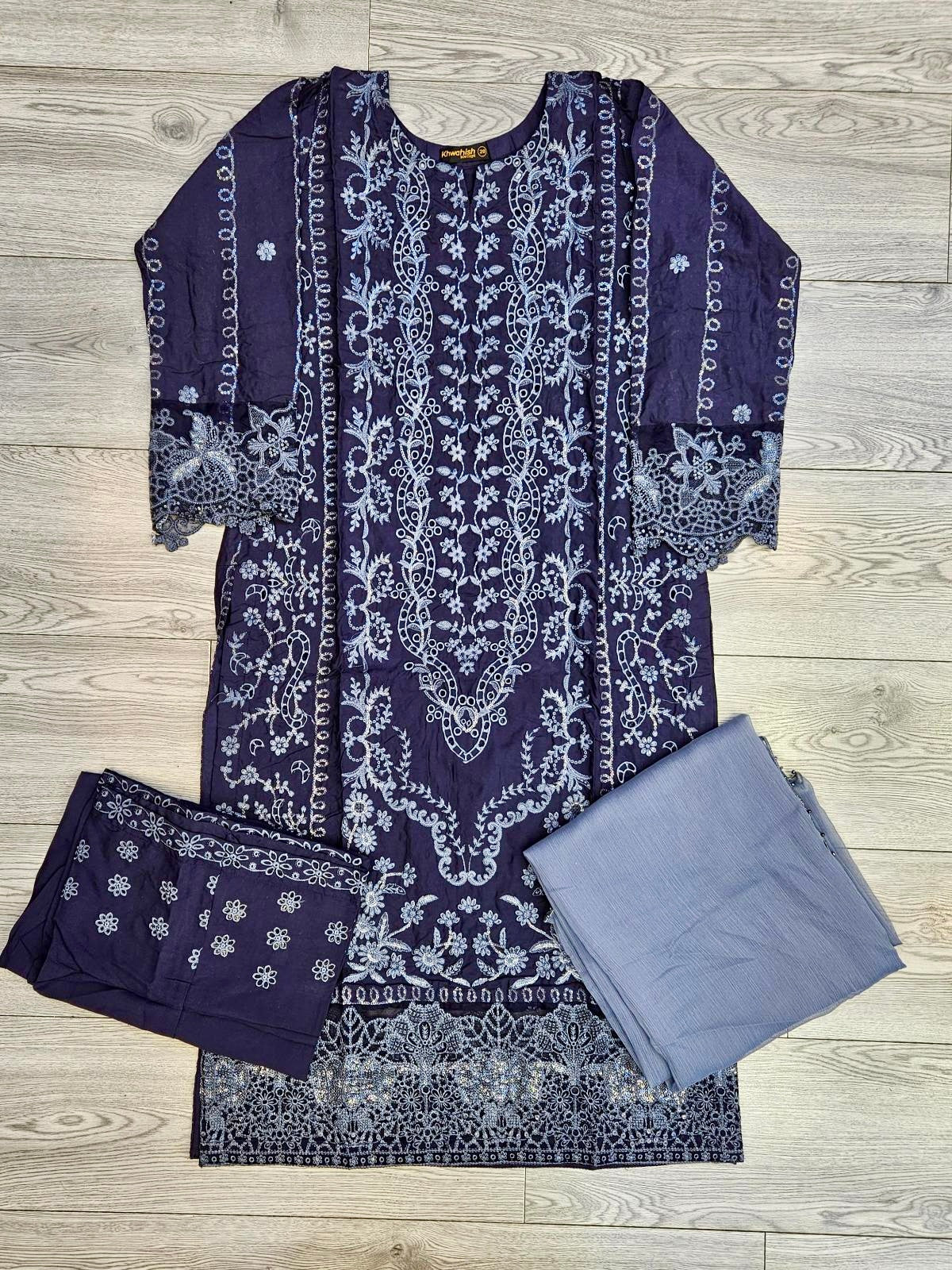 CRM charcoal grey colour thread and zari embroidered