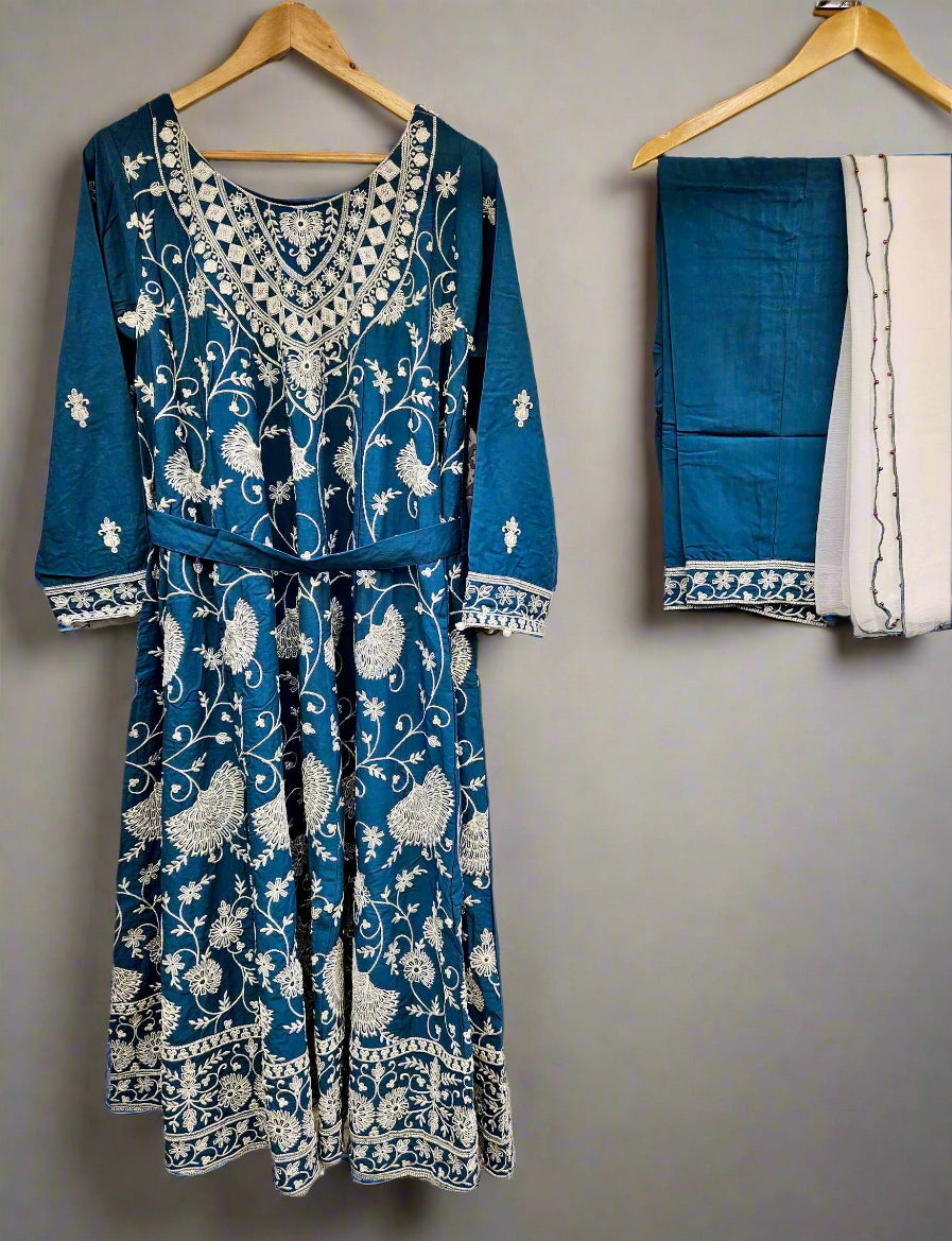 Sapphire blue and white colour thread all over embroidery