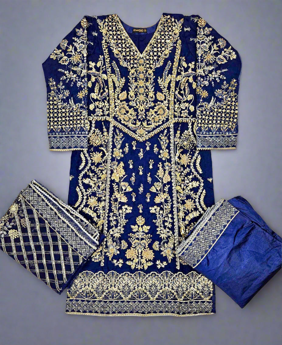 FZS Midnight Blue Colour Hand Embellished in Pearls Stones Crystals