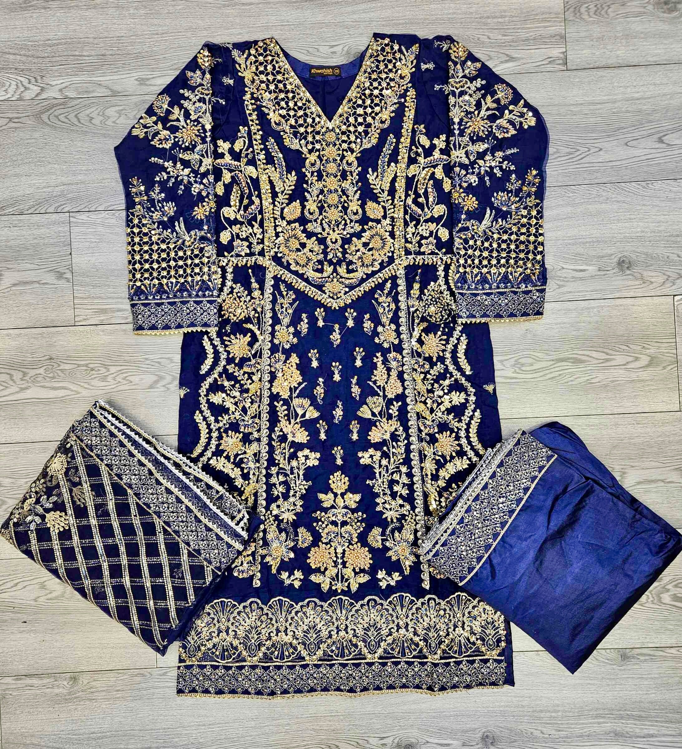 FZS Midnight Blue Colour Hand Embellished in Pearls Stones Crystals