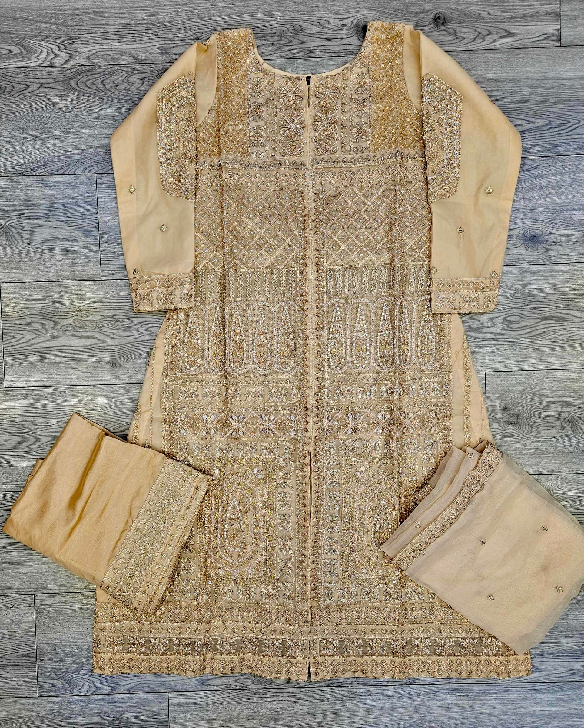 FZS Peach Colour Hand Embellished in Pearls Stones Crystals