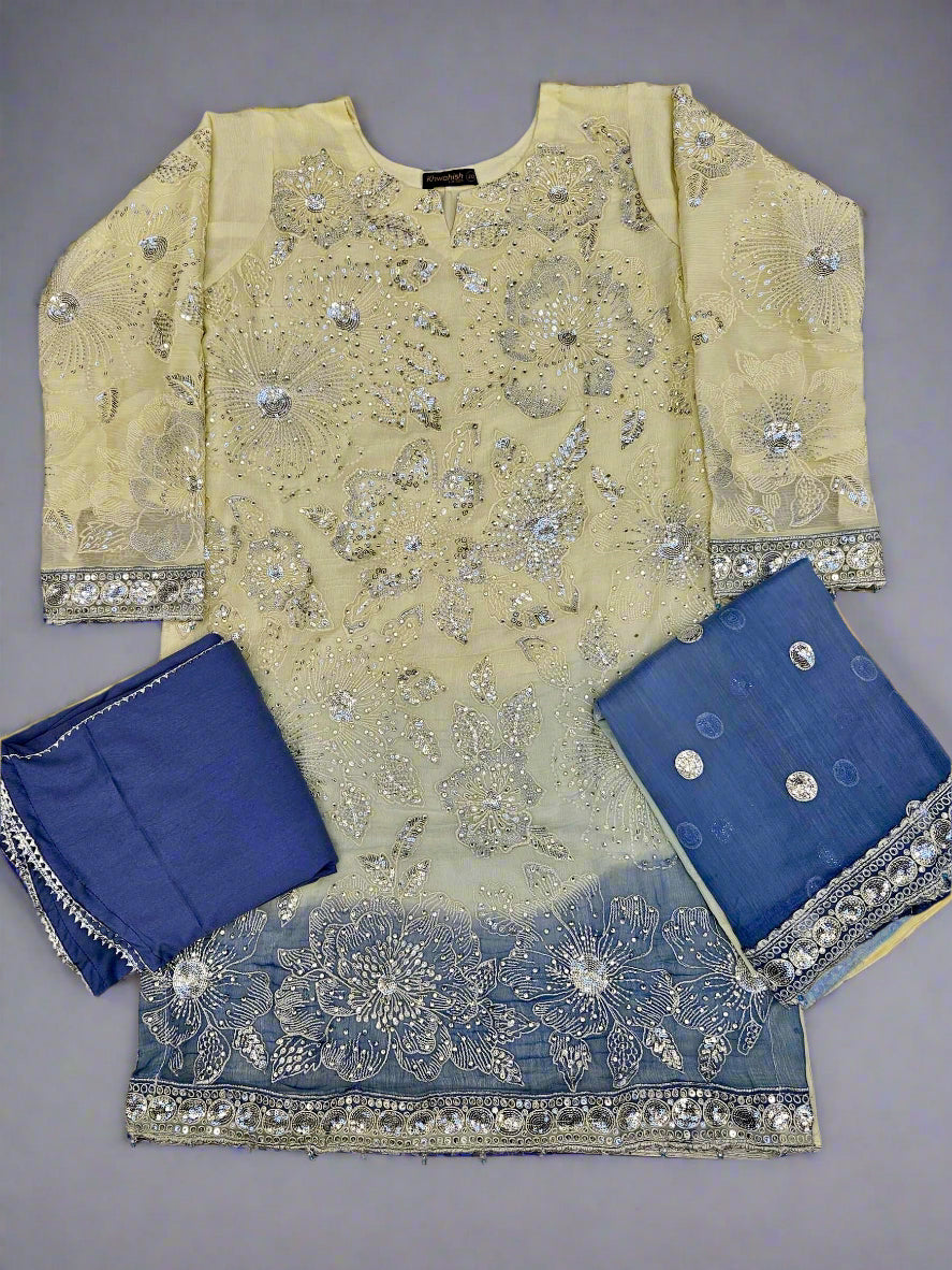 AG Light Yellow and Navy Blue Colour Ombré Hand Embroidered