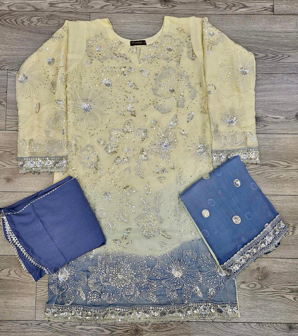 AG Light Yellow and Navy Blue Colour Ombré Hand Embroidered