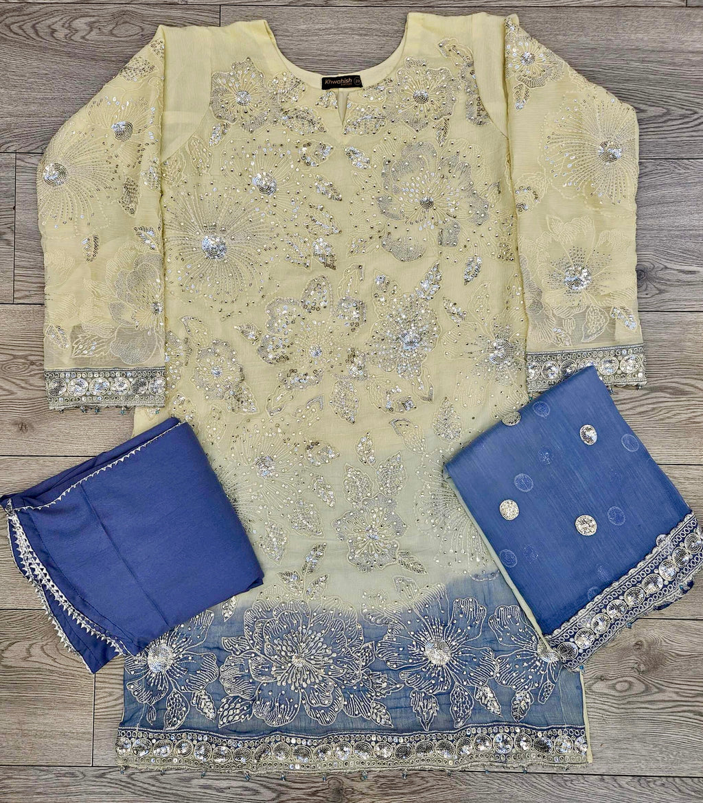 AG Light Yellow and Navy Blue Colour Ombré Hand Embroidered