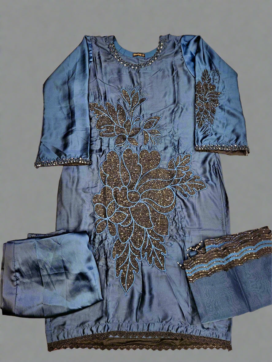 NomiA Navy blue embroidered silk trouser set