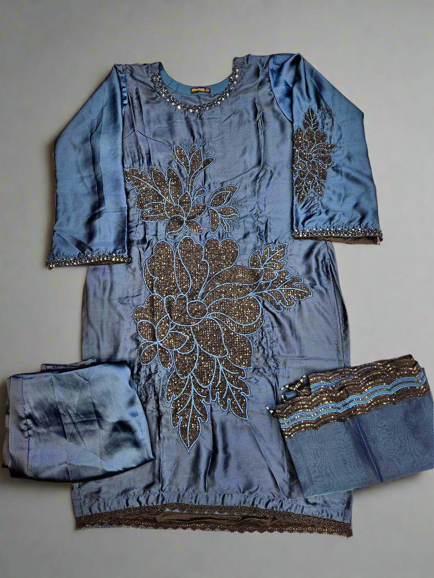 NomiA Navy blue embroidered silk trouser set