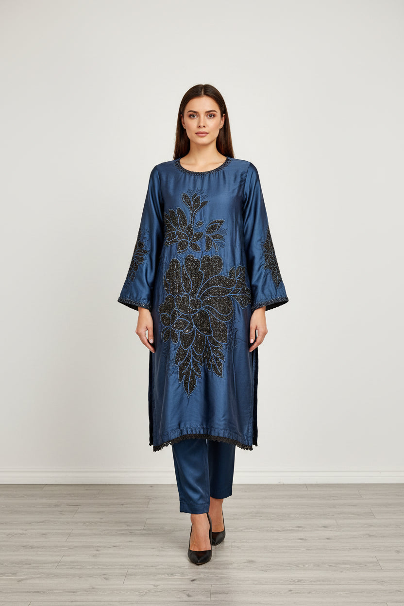 NomiA Navy blue embroidered silk trouser set