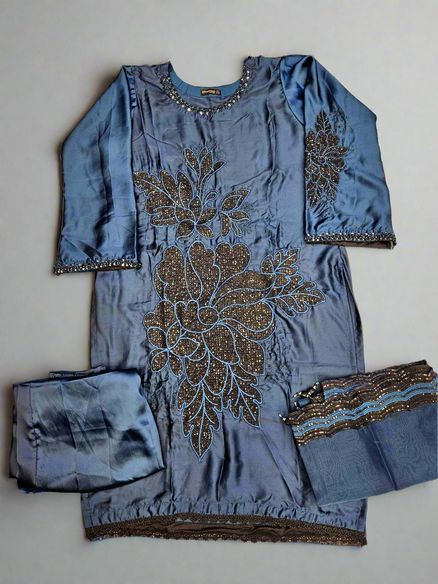NomiA Navy blue embroidered silk trouser set