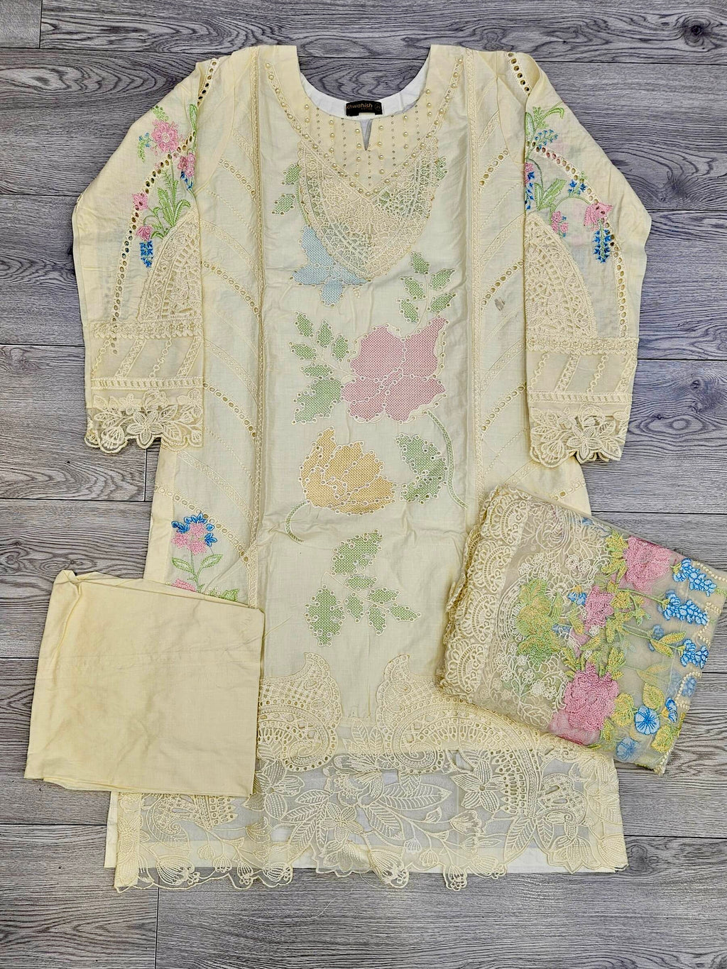 MB embroidered light yellow colour sequins and lasercut