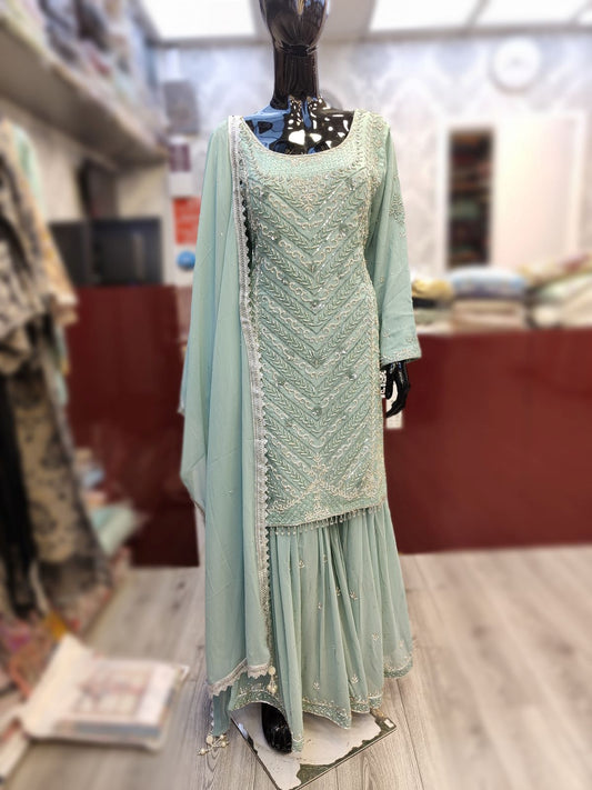 KMS Stone Embroidered sharara suit in 4 colours mint pistachio off-white and gold in chiffon fabric sizes (L to XL)