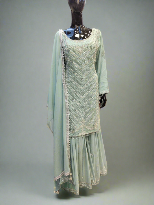 KMS Stone Embroidered sharara suit in 4 colours mint pistachio off-white and gold in chiffon fabric sizes (L to XL)