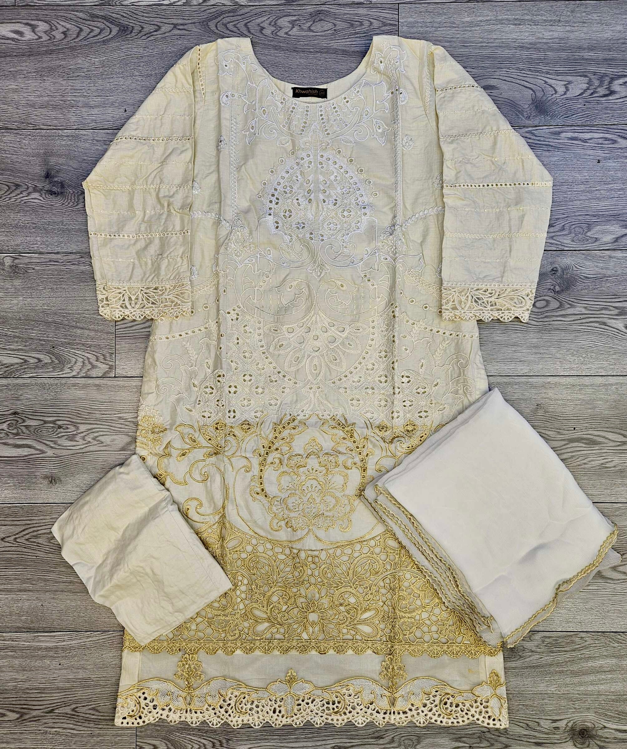 MB white gold colour thread and sequins laser cutwork
