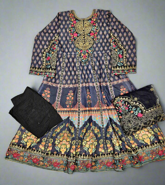 MB black and pumpkin orange colour thread and zari embroidered silk cotton fabric anarkali dress embroidery net dupatta in Sizes M to 2XL - Womenswear traditional casual clothing plus size comfort for spring summer