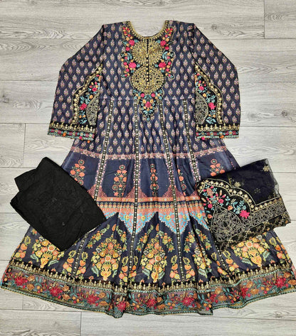 MB black and pumpkin orange colour thread and zari embroidered silk cotton fabric anarkali dress embroidery net dupatta in Sizes M to 2XL - Womenswear traditional casual clothing plus size comfort for spring summer
