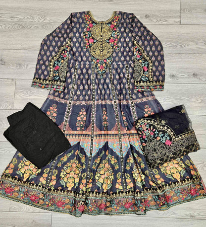 MB black and pumpkin orange colour thread and zari embroidered silk cotton fabric anarkali dress embroidery net dupatta in Sizes M to 2XL - Womenswear traditional casual clothing plus size comfort for spring summer