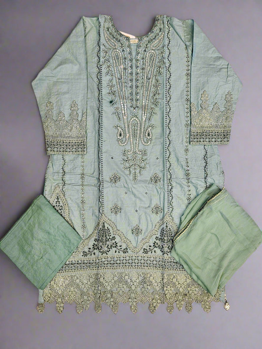 QMR parakeet green and dark green colour thread and laser cut chikan embroidered cotton fabric shalwar kameez with dupatta in sizes [M to 7XL] womenswear traditional plus size clothing