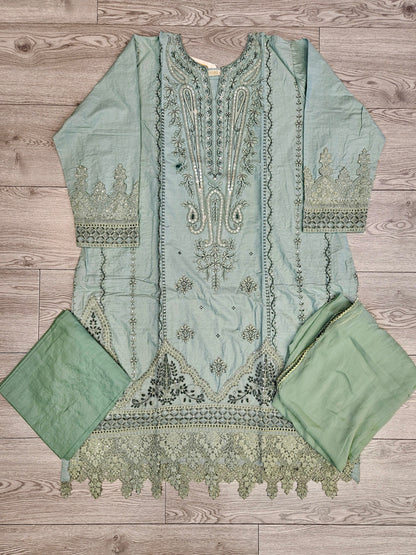 QMR parakeet green and dark green colour thread and laser cut chikan embroidered cotton fabric shalwar kameez with dupatta in sizes [M to 7XL] womenswear traditional plus size clothing
